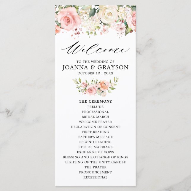 Programa Rosa de Rubor rosa Pastel Boda Botánico Floral (Anverso)