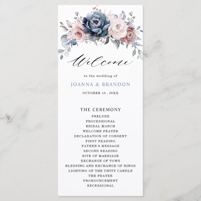 Programa Rosa Dusty Blue Mauve Boda Floral de pizarra rosa (Anverso)
