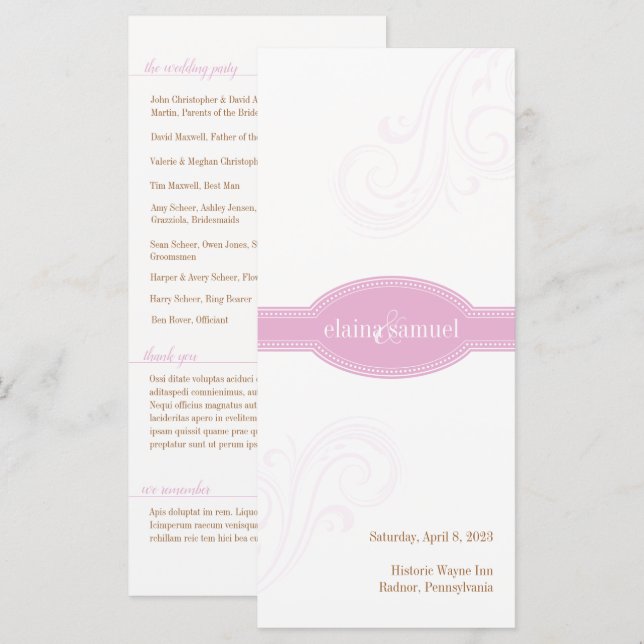 Programa rosa elegante, colección de Bodas de Caro (Anverso / Reverso)