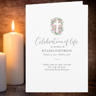 Programa Rosa floral Cross Photo Funeral Orden de servicio