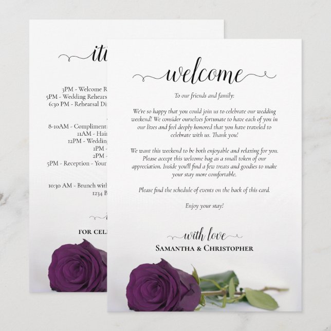 Programa Rosa Morada Ciruela Boda Bienvenida & Itinerario (Anverso / Reverso)