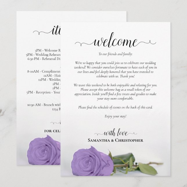 Programa Rosa Morada Lavanda Boda Bienvenida & Itinerario (Anverso / Reverso)