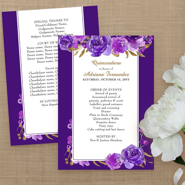 Programa Rosa morado y elegante hoja de oro Quinceanera (Purple floral program from my Rose and Gold Leaf quinceanera collection)