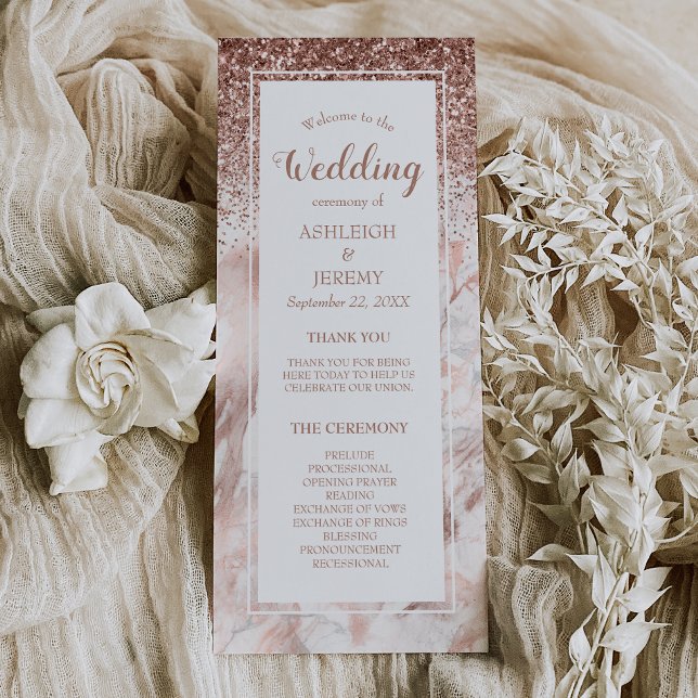 Programa Rosa Purpurina Faux Marble Script Boda (Subido por el creador)