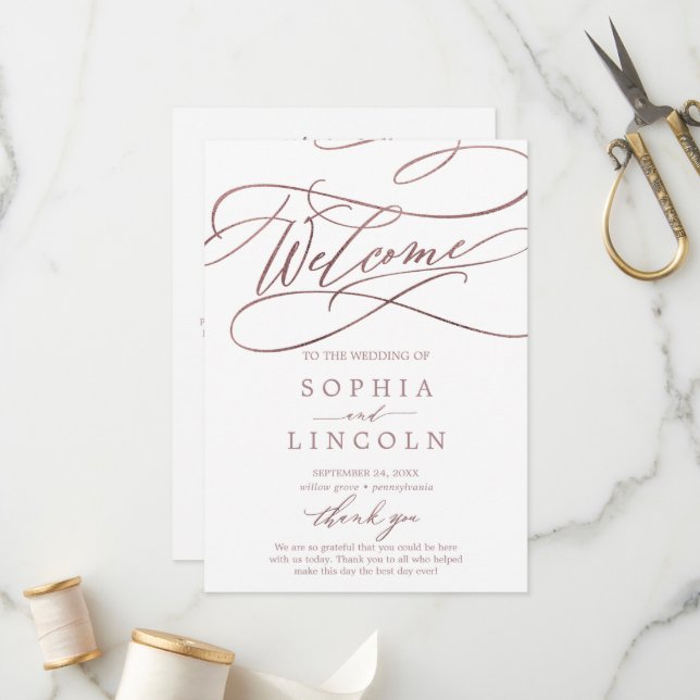 Programa Rosa romántico Boda de caligrafía de oro (Anverso/Reverso In Situ)