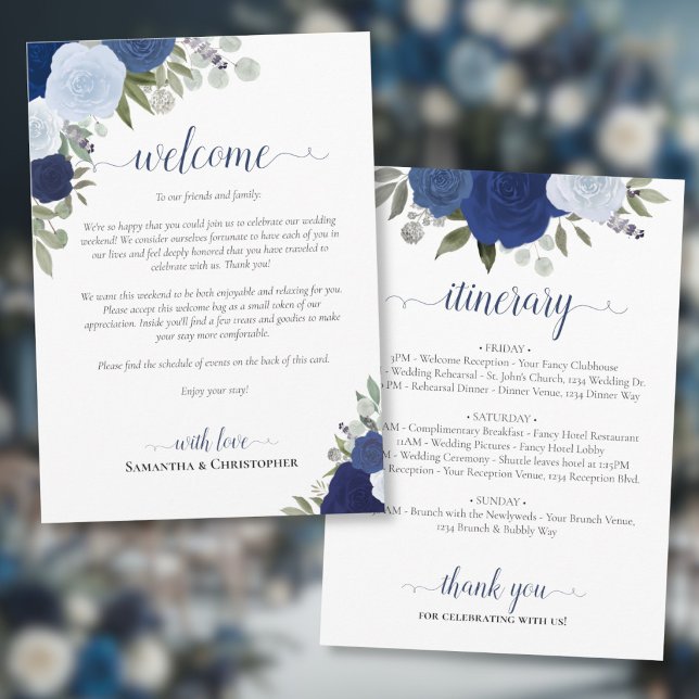 Programa Rosas Boho Azules Boda Bienvenida e Itinerario (Front/Back)