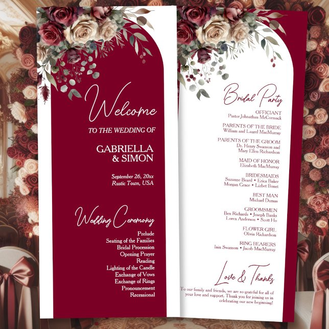 Programa Rosas de Borgoña y Crema Boda de Arco con estilo (Front/Back)