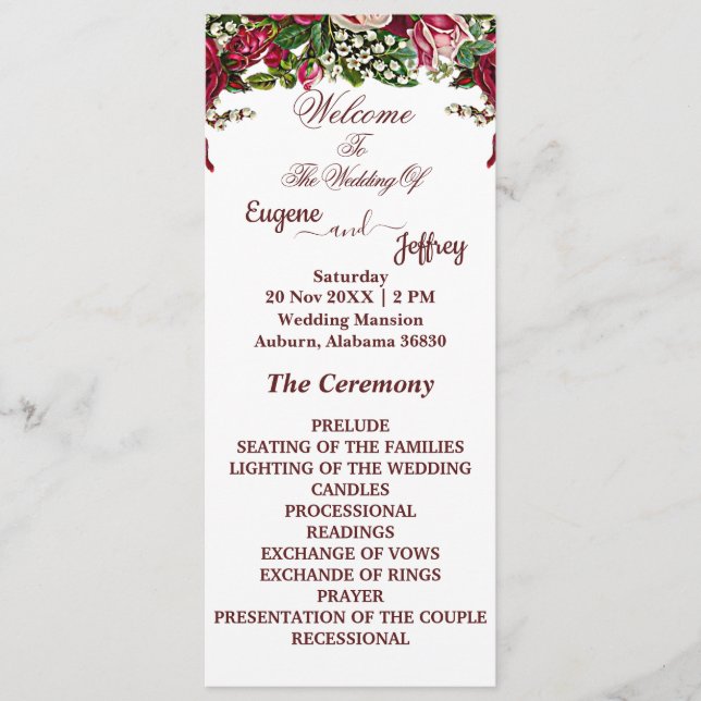 Programa Rosas de Rústica Borgoña Boda de tema floral (Anverso)