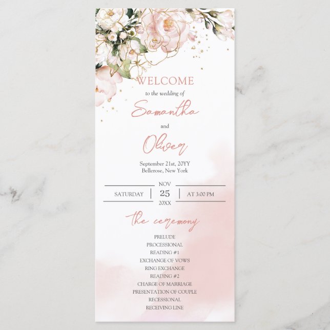 Programa Rosas florales rosados de Rubor Ceremonia de Boda  (Anverso)