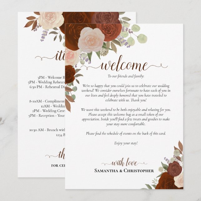 Programa Rosas Naranjas Oxidadas Boda Bienvenida e Itinerar (Anverso / Reverso)