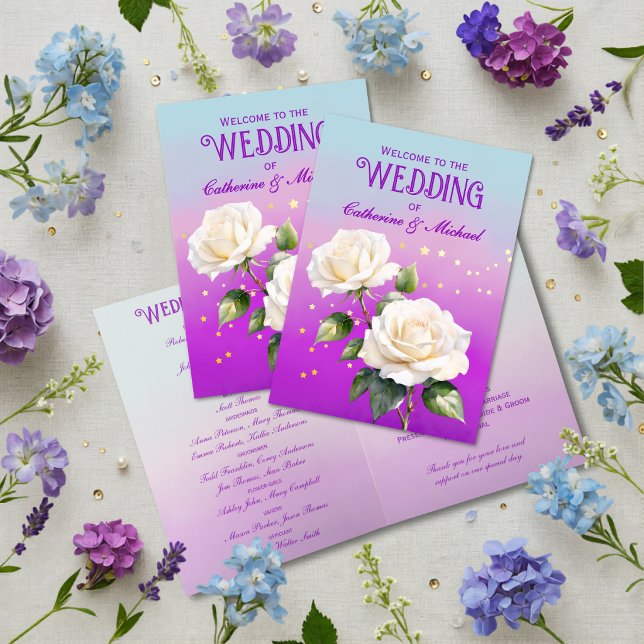 Programa Rosas Ombre Acuarela Azul Púrpura Boda de Primaver (Flat lay ocean lavender blush floral dreamy botanical spring wedding program
)