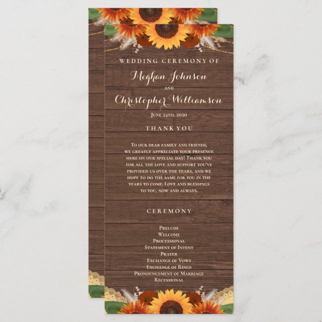 Programa Rosas rusos de Sunflower Terracotta Boho Boda (Anverso / Reverso)
