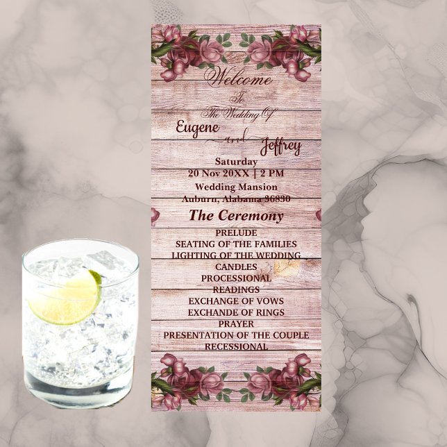 Programa Rosas rústicos de Woodland celebran matrimonio flo (Rustic Woodland Roses Floral Country Wedding Program)