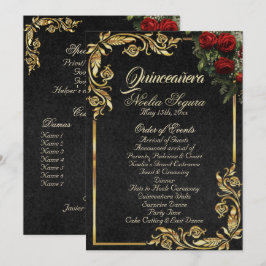 Programa Roses & Gold Leaves - Black Quinceanera Program