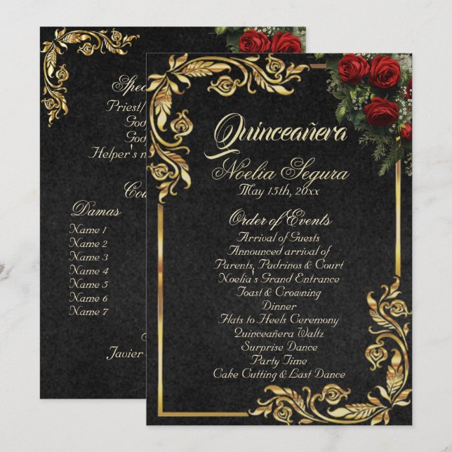 Programa Roses & Gold Leaves - Black Quinceanera Program (Anverso / Reverso)