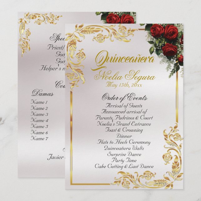 Programa Roses & Gold Leaves - Pearl Quinceanera Program (Anverso / Reverso)
