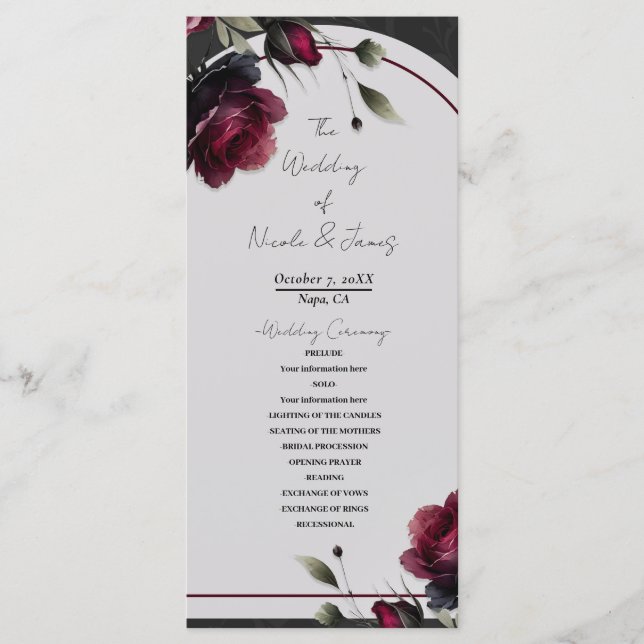 Programa Roses rojos burdeos Boda floral gris oscuro (Anverso)
