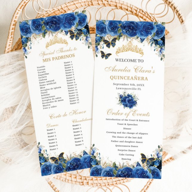 Programa Royal Blue Floral Gold Quinceañera Orden de evento (Subido por el creador)