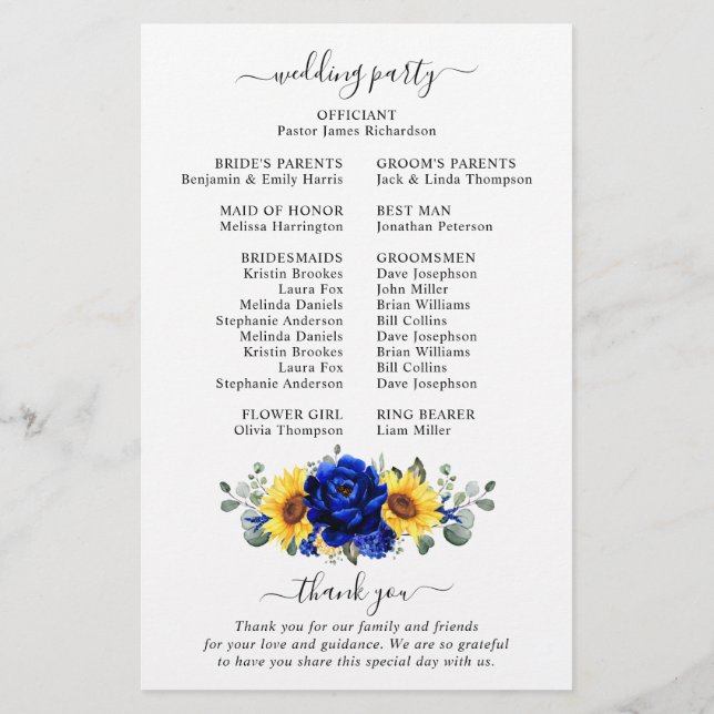 Programa Royal Blue Rustic Sunflower Modern Wedn W (Reverso)