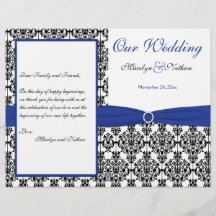 Programa Royal Blue, White, Black Damask Wedding