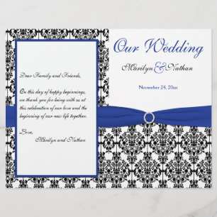 Programa Royal Blue, White, Black Damask Wedding