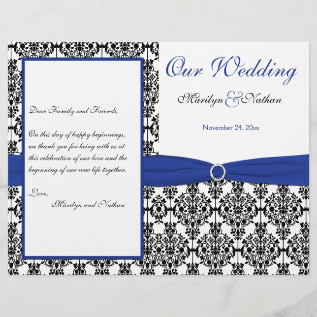 Programa Royal Blue, White, Black Damask Wedding (Anverso)
