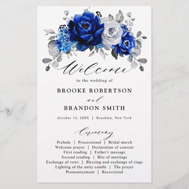 Programa Royal Blue White Silver de Boda Floral (Anverso)
