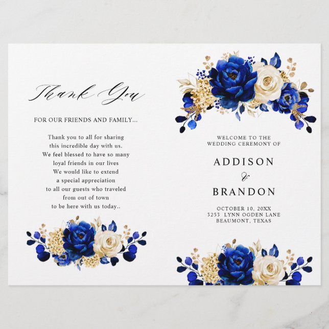 Programa Royal Blue Yellow Gold Floral Wedding (Anverso)