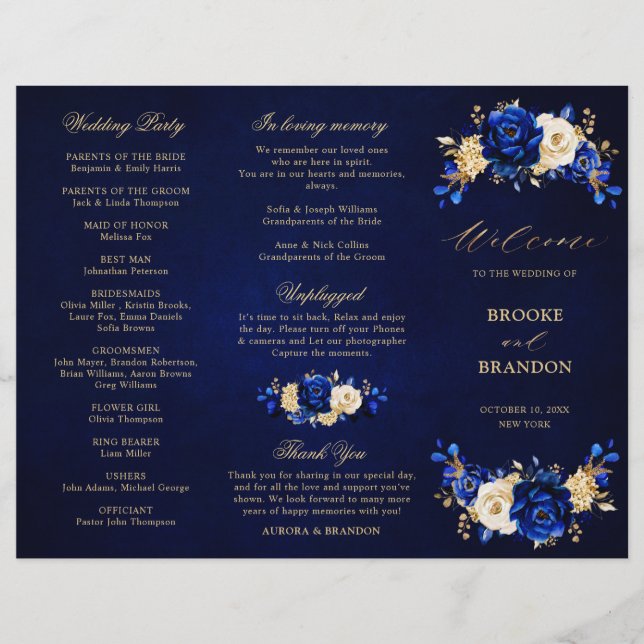 Programa Royal Blue Yellow Gold Floral Wedding (Anverso)