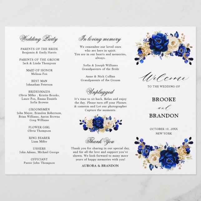 Programa Royal Blue Yellow Gold Floral Wedding (Anverso)