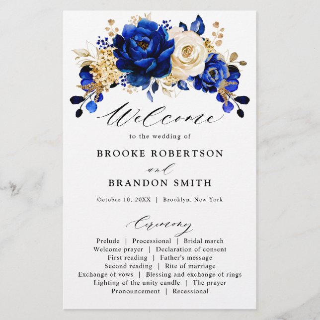 Programa Royal Blue Yellow Gold Floral Wedding (Anverso)