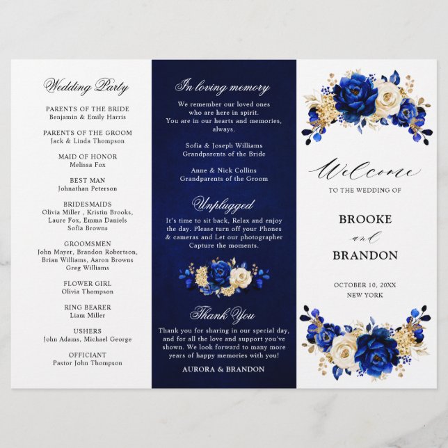 Programa Royal Blue Yellow Gold Floral Wedding (Anverso)
