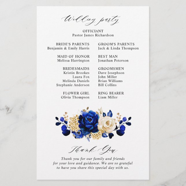 Programa Royal Blue Yellow Gold Floral Wedding (Reverso)