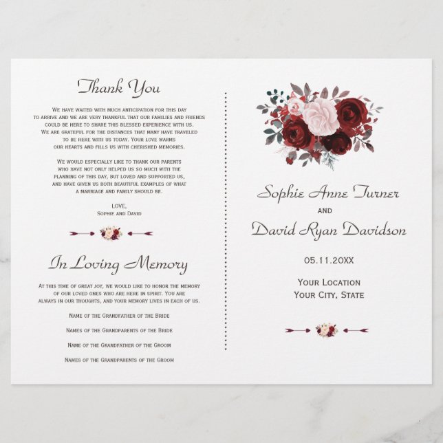 Programa Royal Burgundy Pink Floral Gold Wedding (Anverso)