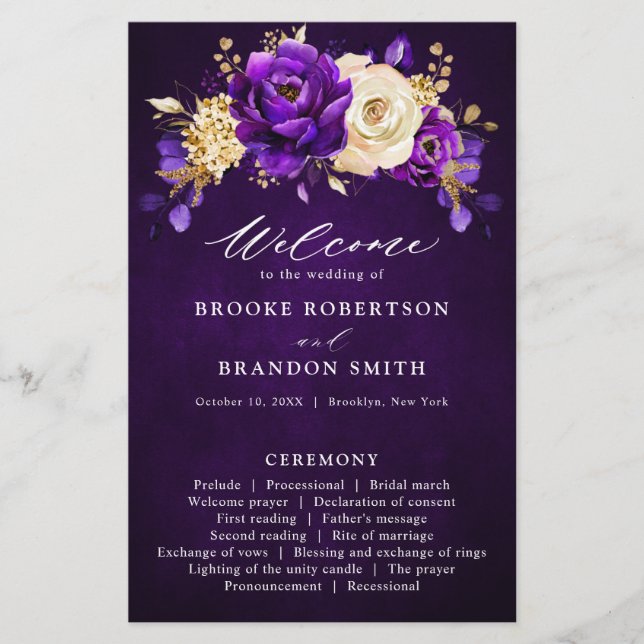 Programa Royal Purple Violet Gold Floral Wedding (Anverso)