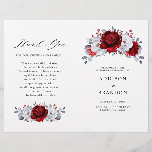 Programa Royal Red White Silver Floral Wedding (Anverso)