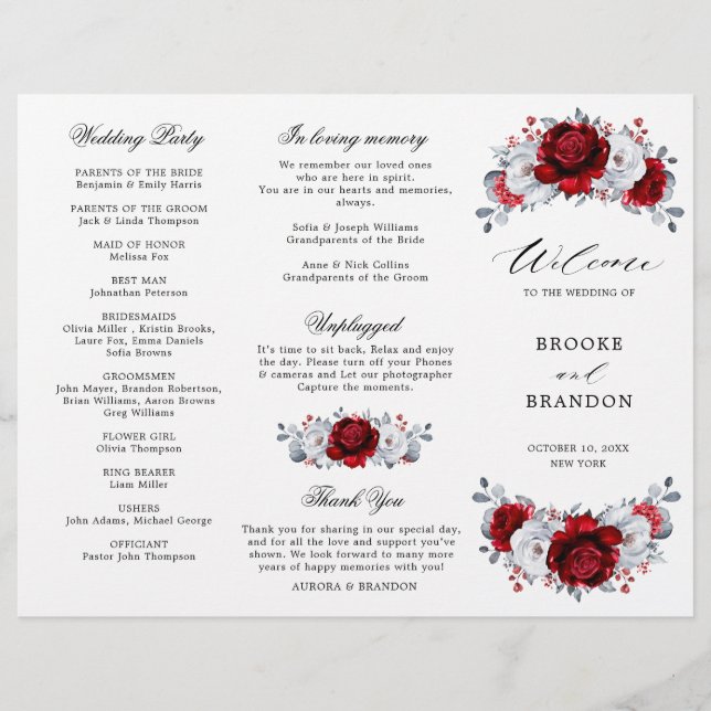 Programa Royal Red White Silver Floral Wedding (Anverso)