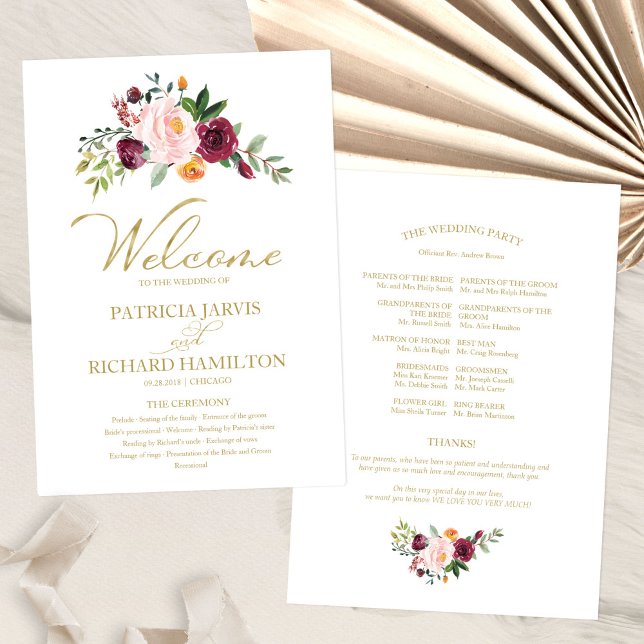 Programa Rubor Burgundy Floral Gold Wedding (Subido por el creador)