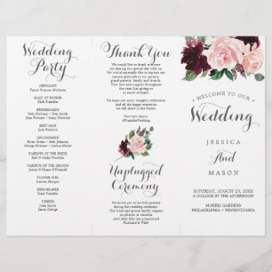 Programa Rubor Burgundy Tri-Fold Wedding con menú