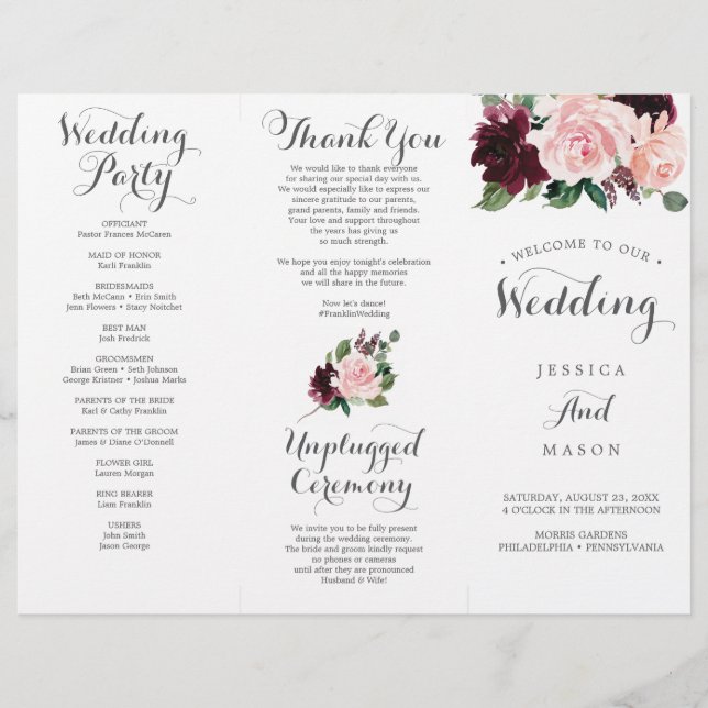 Programa Rubor Burgundy Tri-Fold Wedding con menú (Frente)