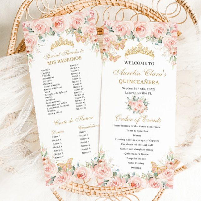 Programa Rubor Pink Floral Gold Quinceañera Orden de evento (Subido por el creador)