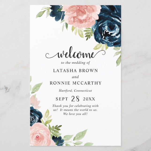 Programa Rubor Pink Navy Blue Floral Modern Weddin (Anverso)