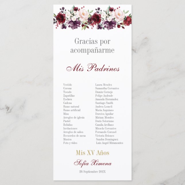 Programa Rubor Red Floral Quinceañera (Reverso)