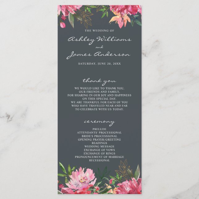 Programa Ruby Pink Peony Boda Botánico (Anverso)