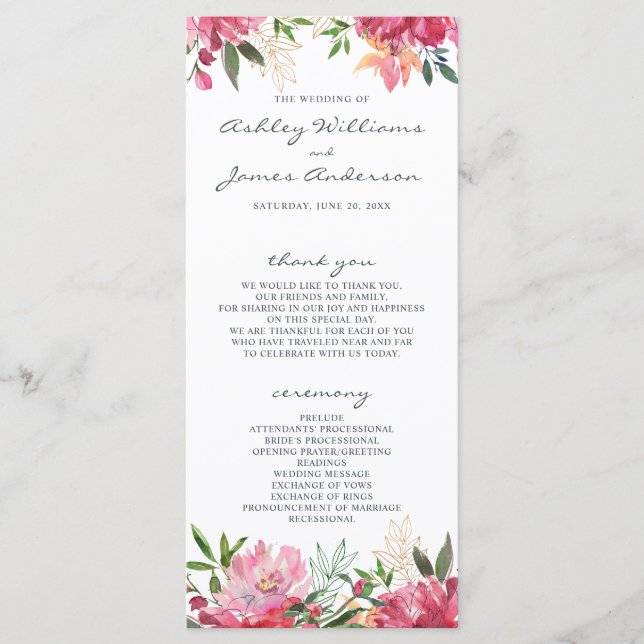 Programa Ruby Pink Peony Boda Botánico (Anverso)
