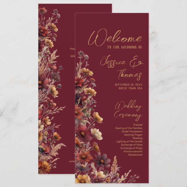 Programa Rustic Boho Chic Wildflowers Burgundy Wedding (Anverso / Reverso)