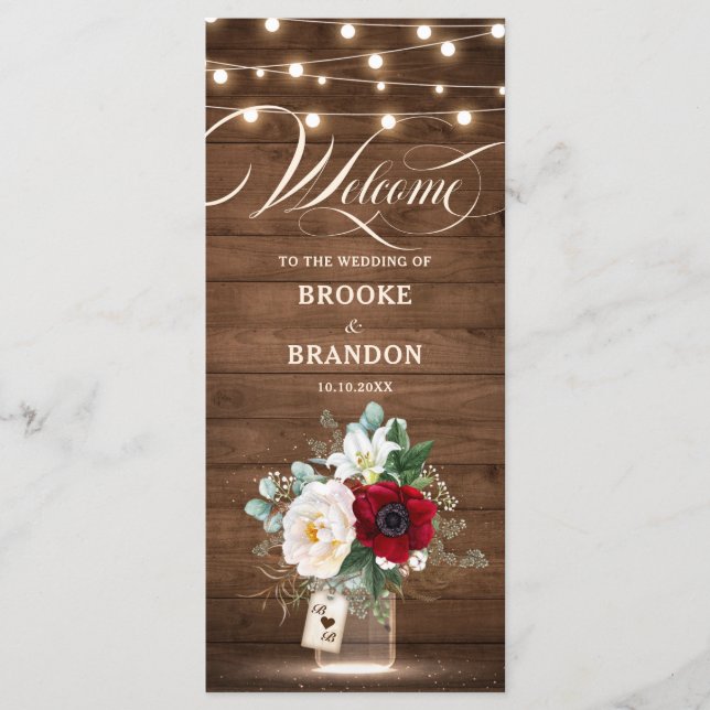 Programa Rustic Burgundy Floral Lights Mason Jar Boda (Anverso)