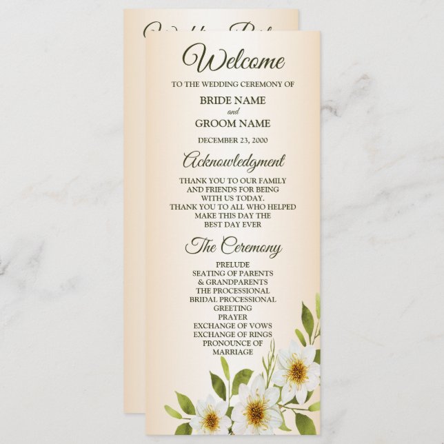 Programa Rustic Golden Frame White Floral Peach Wedding (Anverso / Reverso)