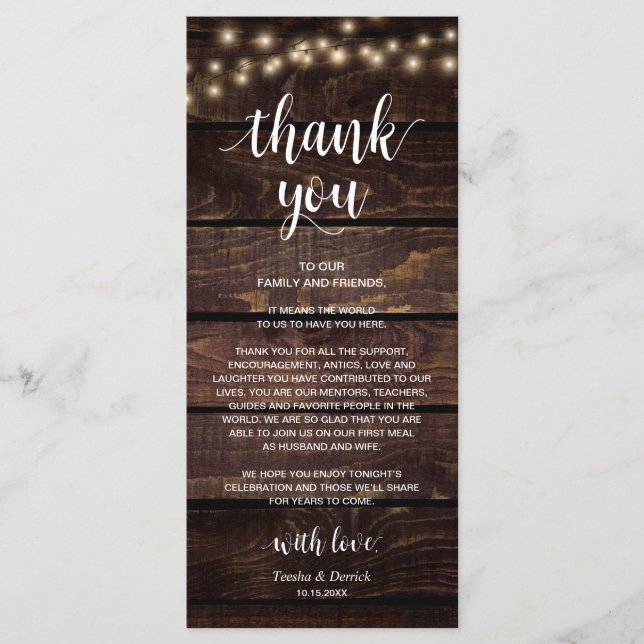 Programa Rustic String Lights, Place Setting Gracias Card (Anverso)