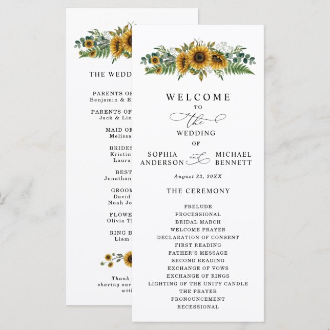 Programa Rustic Sunflower Wedding Program (Anverso / Reverso)